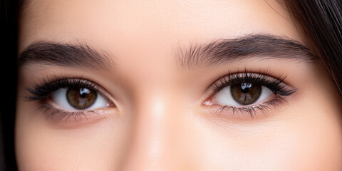 Fototapeta premium Close-up of expressive brown eyes with defined eyebrows.