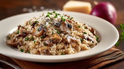 Creamy mushroom risotto garnished with fresh herbs and cheese on a rustic wooden table