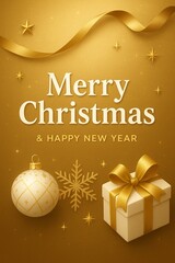 Golden Christmas greeting card with ribbon, ornaments, and elegant festive holiday design.