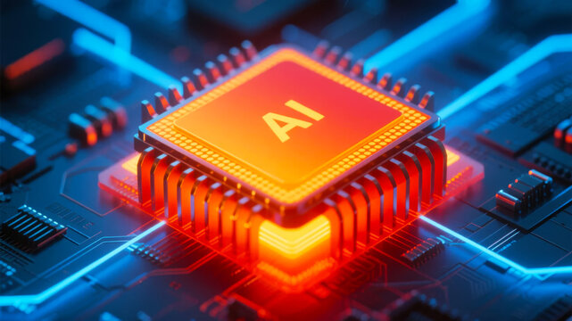 AI processor chip on a circuit board with glowing connections