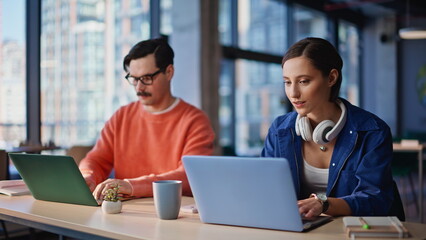 Friendly team discussing task at office open space closeup. Smiling man woman