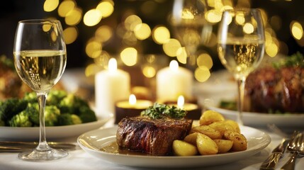 Fototapeta premium Gourmet grilled steak dinner with potatoes, greens, wine, and festive bokeh