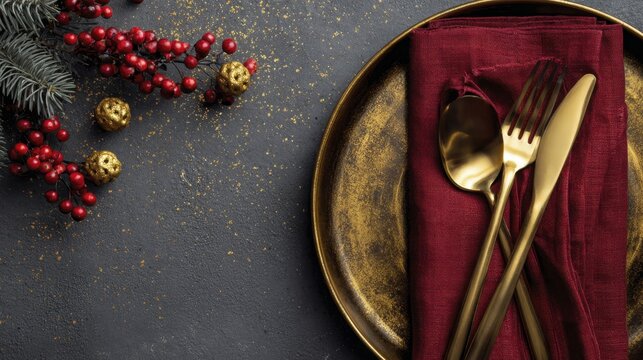 Festive holiday table setting with golden plate cutlery napkin pine branch berries and sparkling background