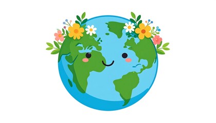 Naklejka premium Cute kawaii Earth with flowers