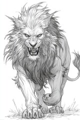 A detailed grayscale illustration portrays a majestic lion, its powerful stance and fierce expression emphasized through meticulous linework.