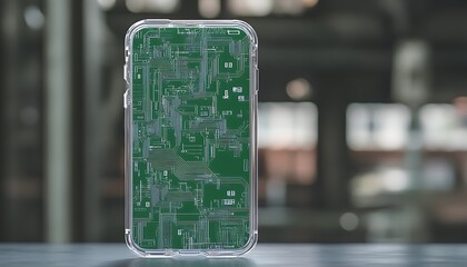 Transparent smartphone case with green circuit texture and floating HUD interface backdrop