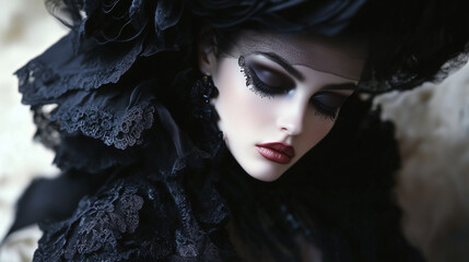 Alluring woman in dark lace with dramatic eye makeup for gothic fashion editorial, creating a mysterious and elegant mood for beauty and style concepts