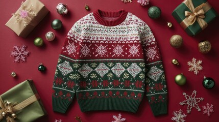 Cozy holiday sweater with festive fair isle design surrounded by wrapped gifts and ornaments on a vibrant surface