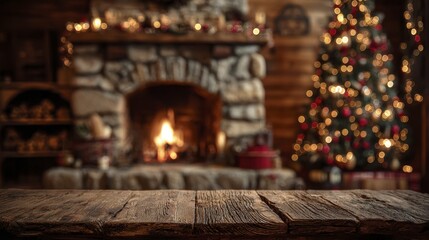 Rustic wooden table foreground with blurred Christmas tree and warm fireplace in a cozy winter cabin