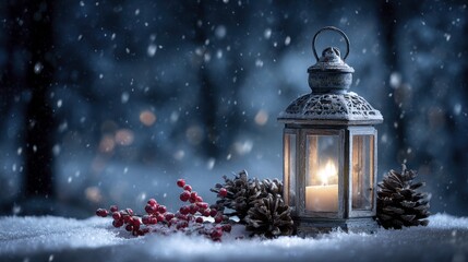 Candle lantern on snowy ground with pinecones and berries under falling winter snowflakes.