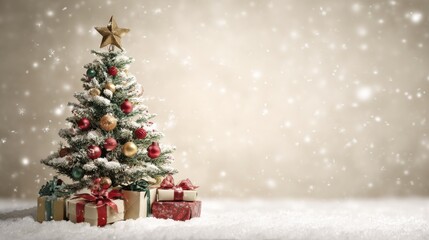 Obraz premium Festive Christmas Tree Decorated with Ornaments and Gifts Under Falling