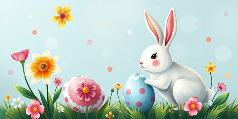 Trendy Easter cards, posters, banners Hand-painted flowers, dots, eggs, bunny, chick Modern art style, easter chick, floral