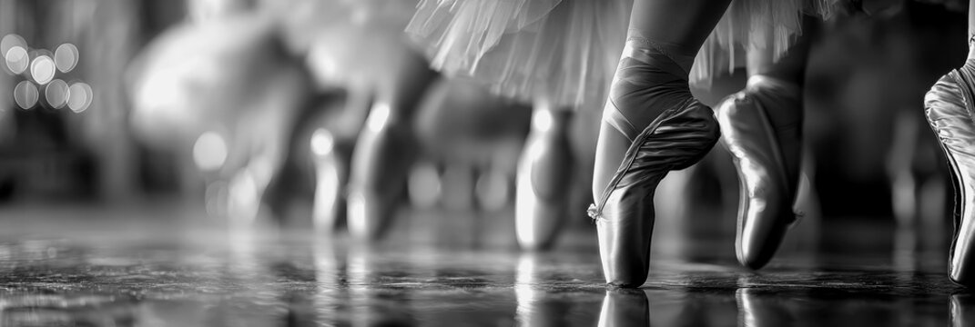 Ballet dancers practice in black and white studio setting