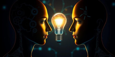 Two human profiles linked by intricate gears and a glowing lightbulb,  innovation,   exchange