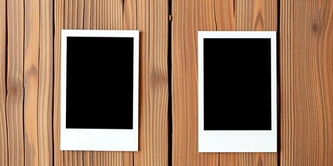 Two retro frames with blank vintage instant photos on rustic wood Perfect mockup,  space,   rustic style