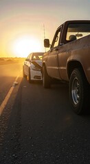 Damaged car and a tow truck on the road at sunset with the sun shining behind them, demonstrating roadside assistance and vehicle recovery service.