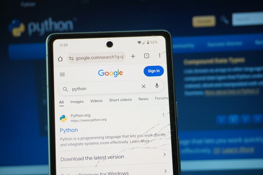 Agadir, MOROCCO- september 23, 2025: Smartphone screen showing Google search for python