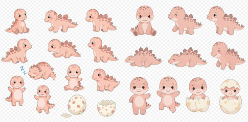 A cute collection of pink baby stegosaurus dinosaurs in various poses, including sitting, sleeping, and hatching from an egg.