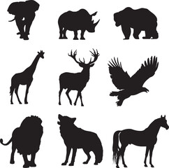 Wild Animal Silhouettes of Lion, Eagle, Elephant, Deer, Rhino, Bear, Wolf, Giraffe, and Horse