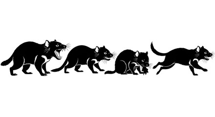 Tasmanian devils in various poses isolated on white background, black silhouettes