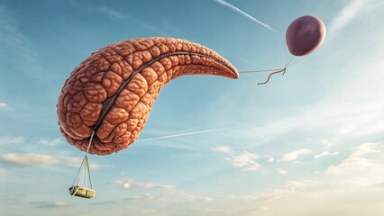 Realistic Human Pancreas Floating in Sky with Balloon String. Anatomical Organ Artwork Showing Detailed Pancreas Structure. Surreal Medical Concept Illustration of Human Pancreas Suspended in Air.