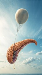 Realistic Human Pancreas Floating in Sky with Balloon String. Anatomical Organ Artwork Showing Detailed Pancreas Structure. Surreal Medical Concept Illustration of Human Pancreas Suspended in Air.