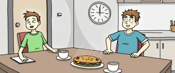 Surprised Young Man Reacts to a Lovingly Prepared Hot Sandwich with a Heart Design, Served by a Smiling Friend at the Kitchen Table