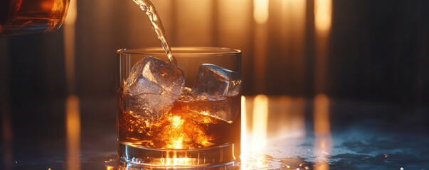 Pouring golden aged rum into a glass with ice cubes.