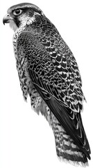 Detailed grayscale illustration of a peregrine falcon, showcasing intricate feather patterns and a focused profile.