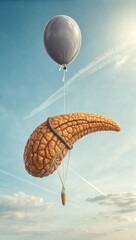 Realistic Human Pancreas Floating in Sky with Balloon String. Anatomical Organ Artwork Showing Detailed Pancreas Structure. Surreal Medical Concept Illustration of Human Pancreas Suspended in Air.