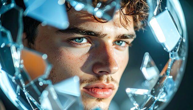 Close-up portrait of a young man with intense gaze, inside a shattered sphere - Powered by Adobe