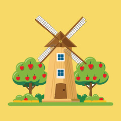 Simple Vector Art of a Classic Windmill Surrounded by Apple Trees on a Yellow Green Field
