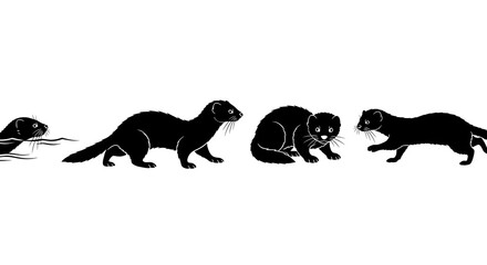 Silhouette of a group of otter isolated on white background in different poses