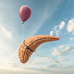 Realistic Human Pancreas Floating in Sky with Balloon String. Anatomical Organ Artwork Showing Detailed Pancreas Structure. Surreal Medical Concept Illustration of Human Pancreas Suspended in Air.