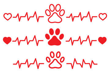 Paw print and heartbeat illustration isolated on transparent background. Collection includes paw silhouette with heart line. Perfect symbols for pet care, veterinary, animals, love and adoption themes