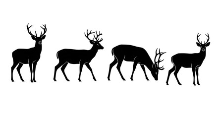 Silhouette of four deers isolated on white background in different poses