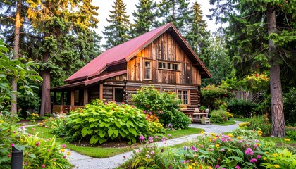 Charming rustic cabin nestled in a garden