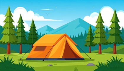 Orange camping tent nestled in a lush forest landscape, beneath a vibrant blue sky.