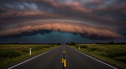 Dramatic shelf cloud formation stretching across a vast, empty road under a turbulent, dark sky
