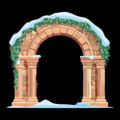 Grand stone archway covered in heavy snow, a solid and enduring architectural element