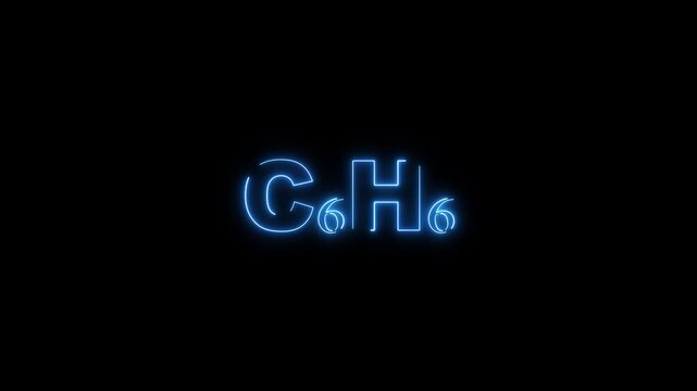 Benzene chemical formula C6 H6 in blue neon lights on black background C6H6 chemistry