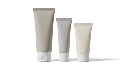 Three cosmetic cream tubes isolated on white background skincare product presentation