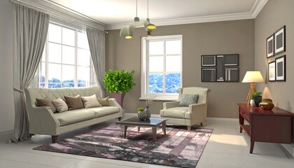 Fototapeta premium A sophisticated living room interior design, showcasing a light beige sofa, matching armchair, and a warm brown wooden cabinet.