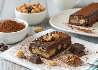 Chocolate covered Chocotejas sliced open gooey caramel and nuts inside styled with cocoa powder and nuts elegant rustic mood