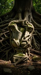 Fototapeta premium Ancient tree roots envelop a broken stone urn in a forest, symbolizing the enduring power of nature over time.