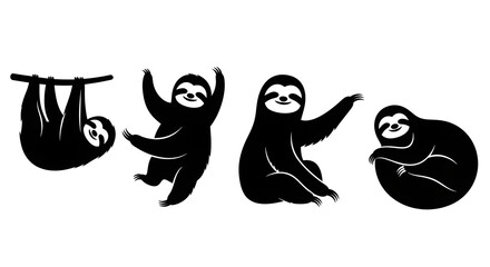 Silhouette of four sloths in different poses isolated on white background