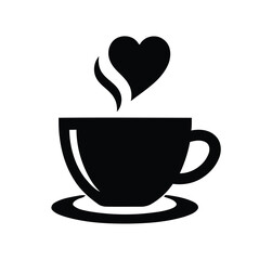 A black and white graphic of a coffee cup with a heart shaped steam rising from the cup on a saucer vector illustration