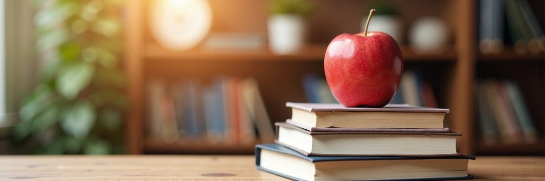 Red apple on books, symbol of knowledge and school, resting atop stack in front of blurred bookcase. Education and knowledge are represented by apple still life with books. - Powered by Adobe