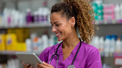 Woman smiling while holding tablet in modern healthcare setting. Bright and organized pharmacy with various products in background