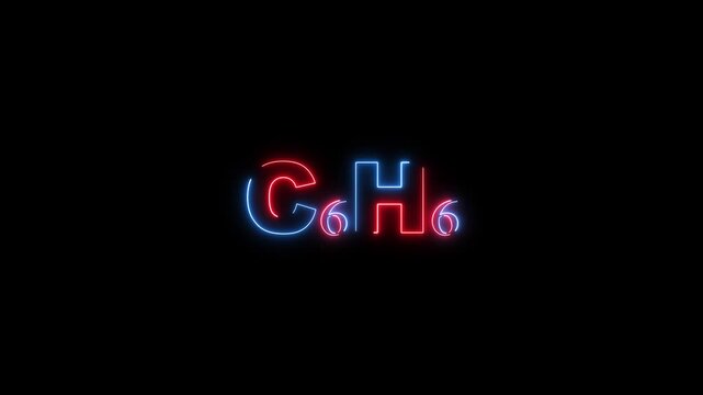 Benzene chemical formula C6 H6 in red and blue neon lights on black background C6H6 chemistry